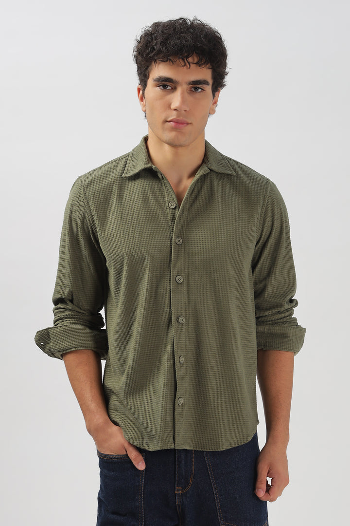 Olive Green Textured Casual Shirt