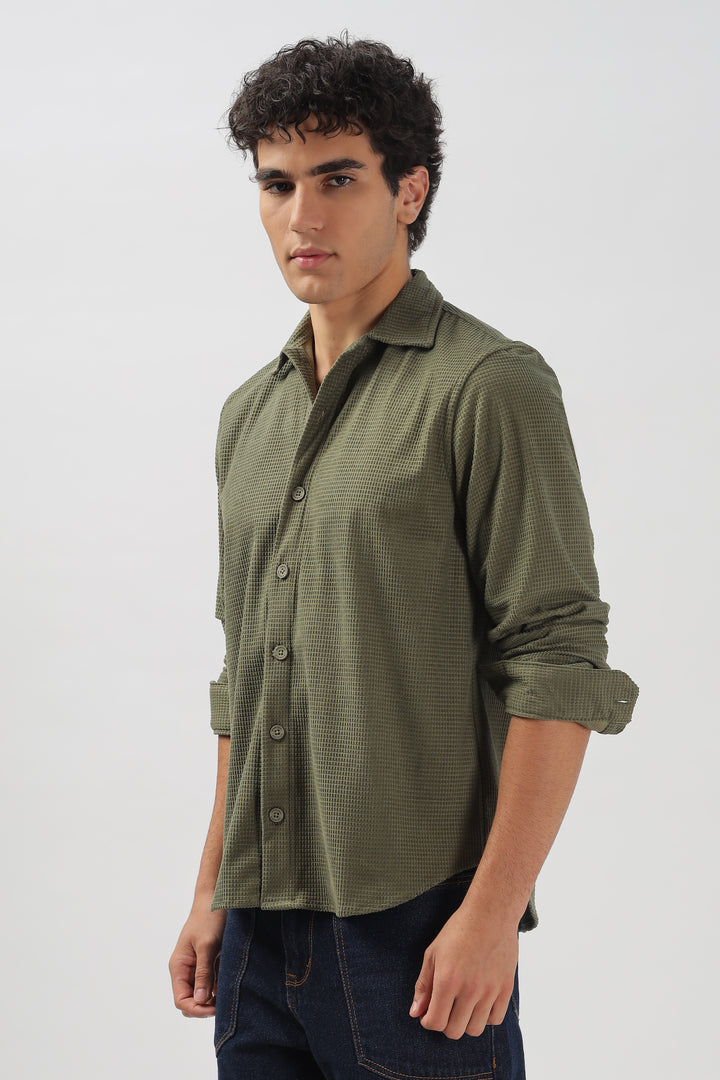 Olive Green Textured Casual Shirt