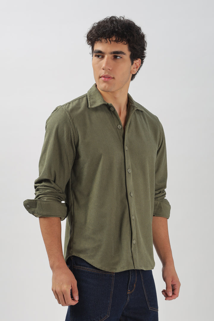 Olive Green Textured Casual Shirt