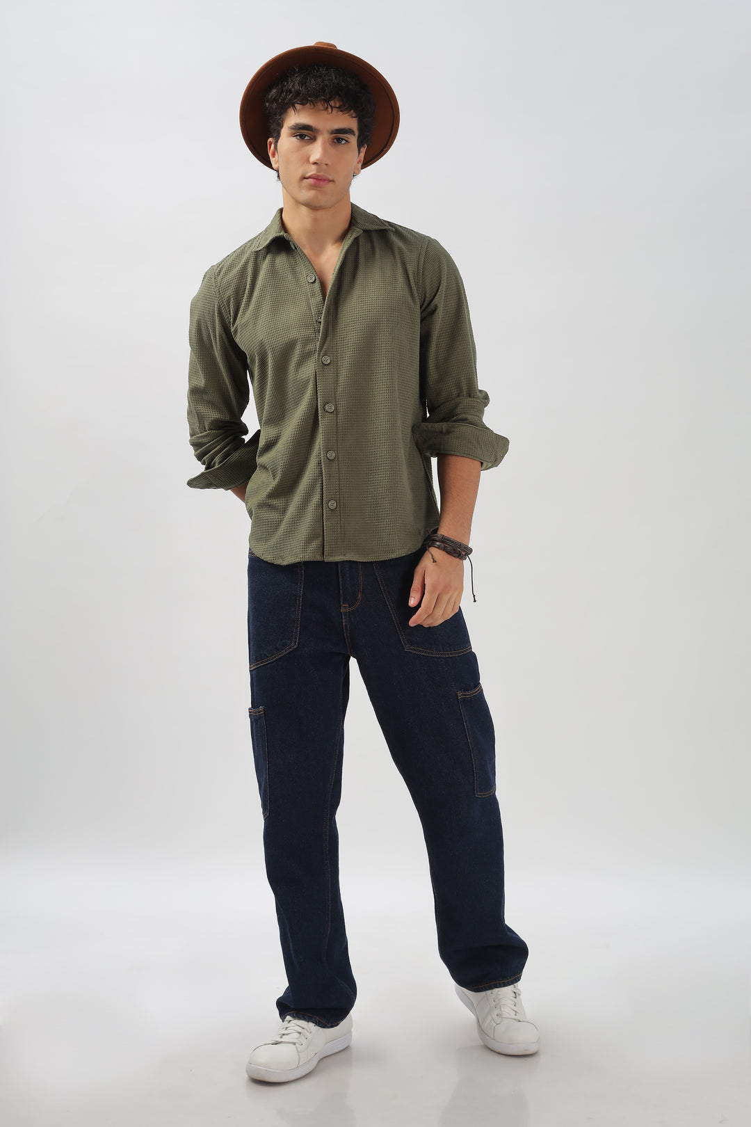 Olive Green Textured Casual Shirt