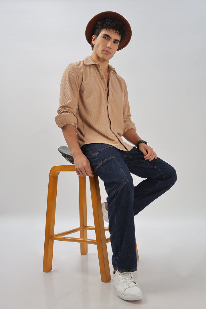 Beige Waffle-Textured Casual Shirt