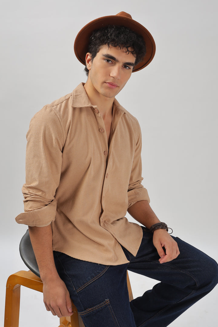 Beige Waffle-Textured Casual Shirt