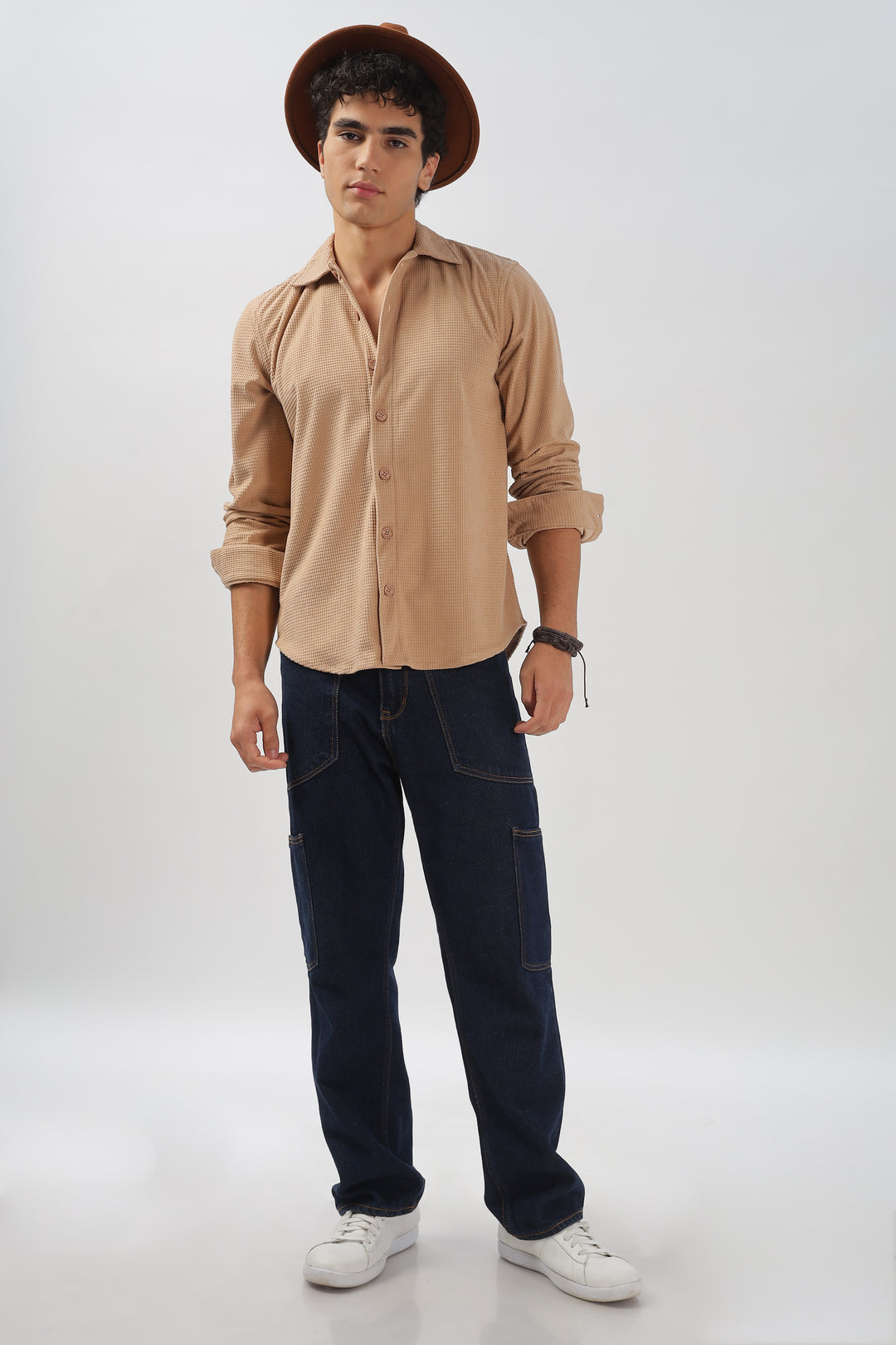 Beige Waffle-Textured Casual Shirt