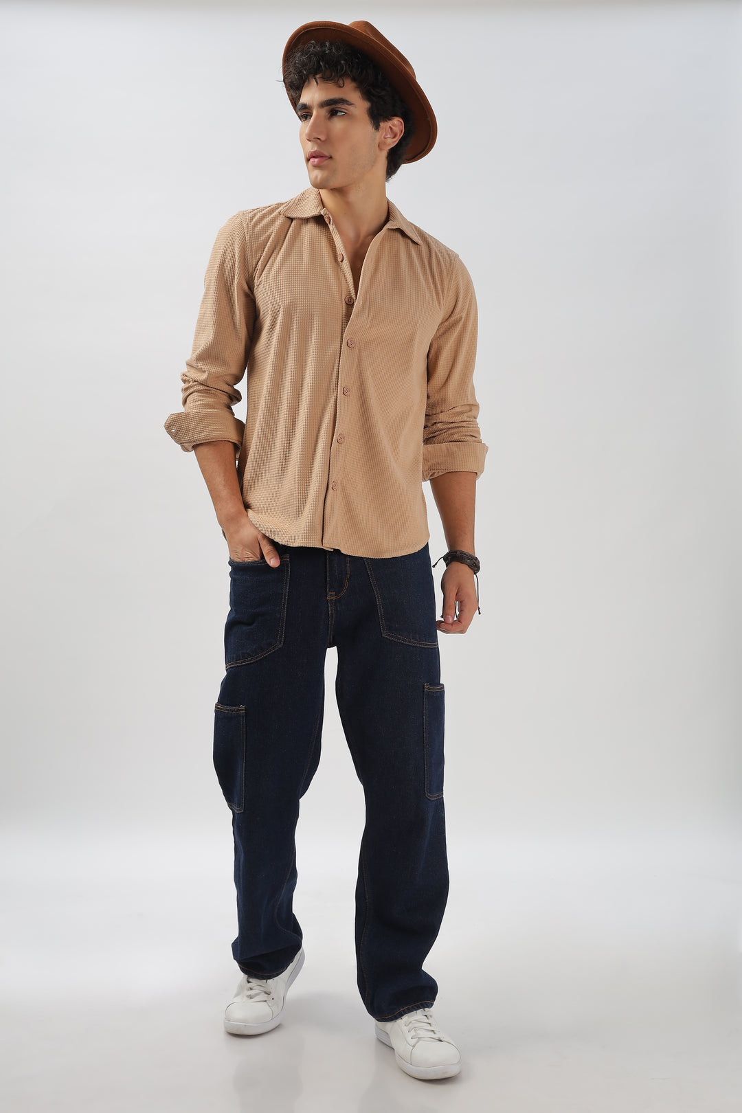 Beige Waffle-Textured Casual Shirt