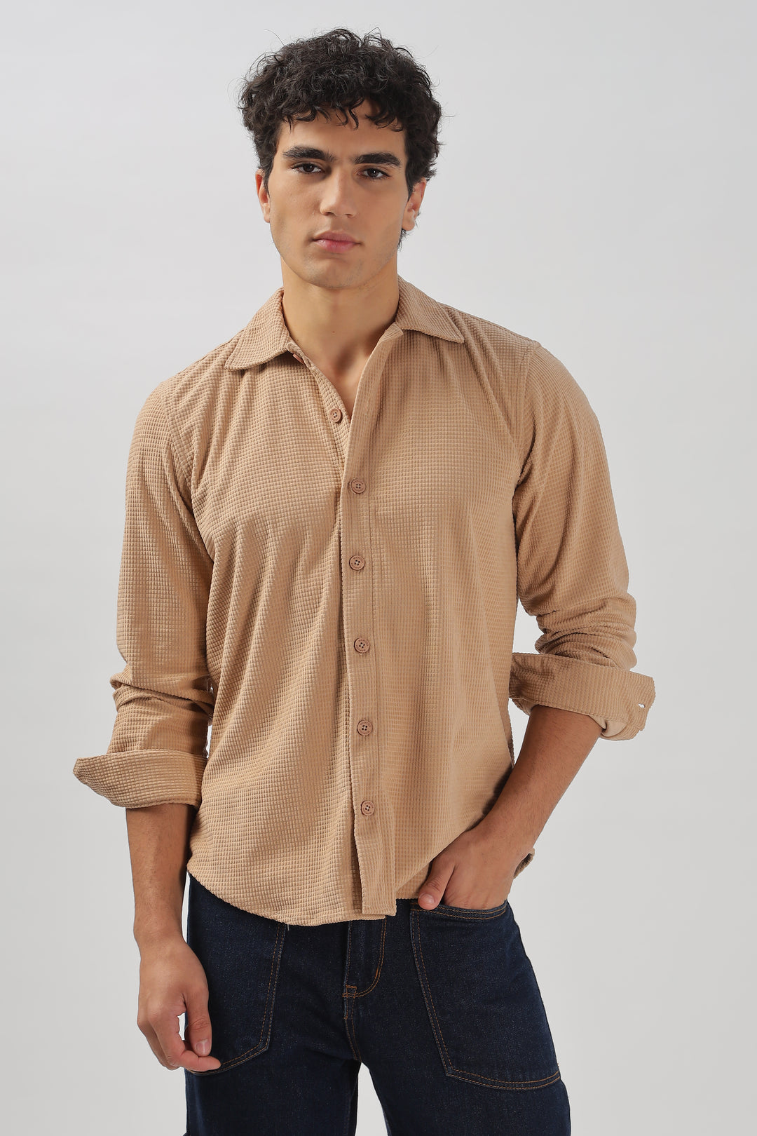 Beige Waffle-Textured Casual Shirt