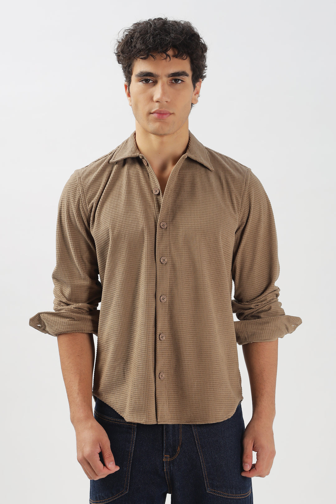 Taupe Waffle-Textured Casual Shirt