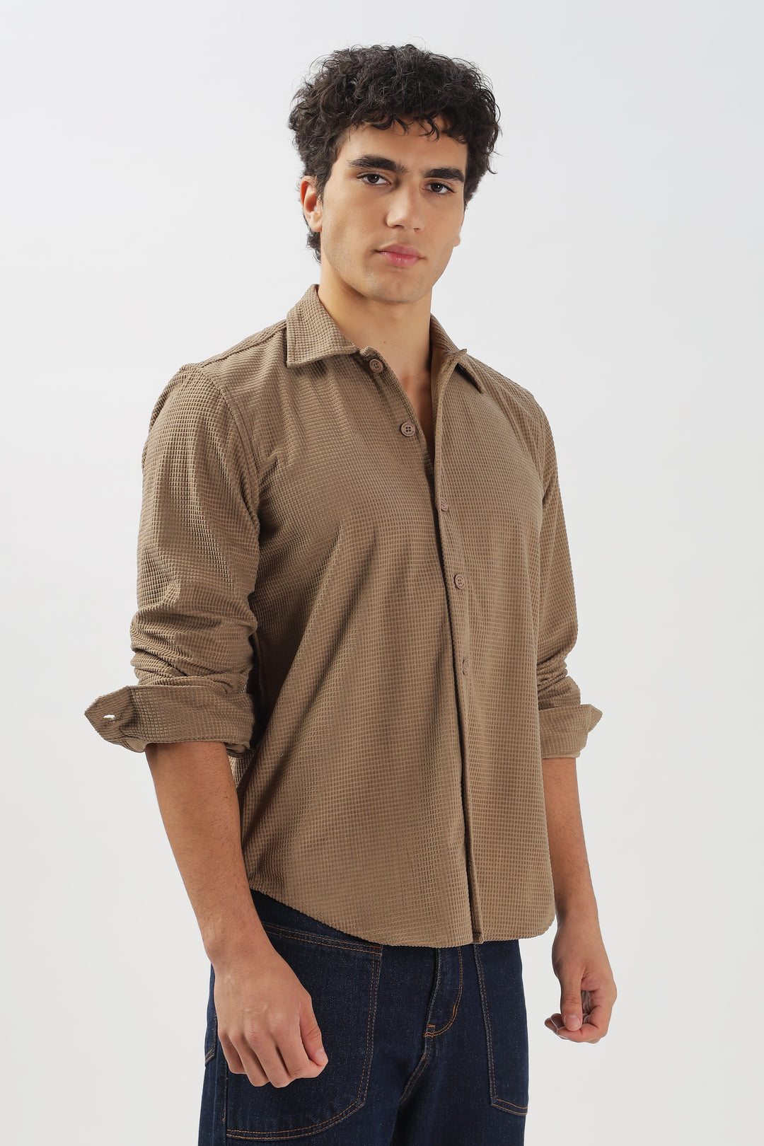 Taupe Waffle-Textured Casual Shirt