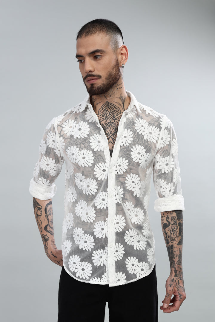 White Floral Crochet Shirt