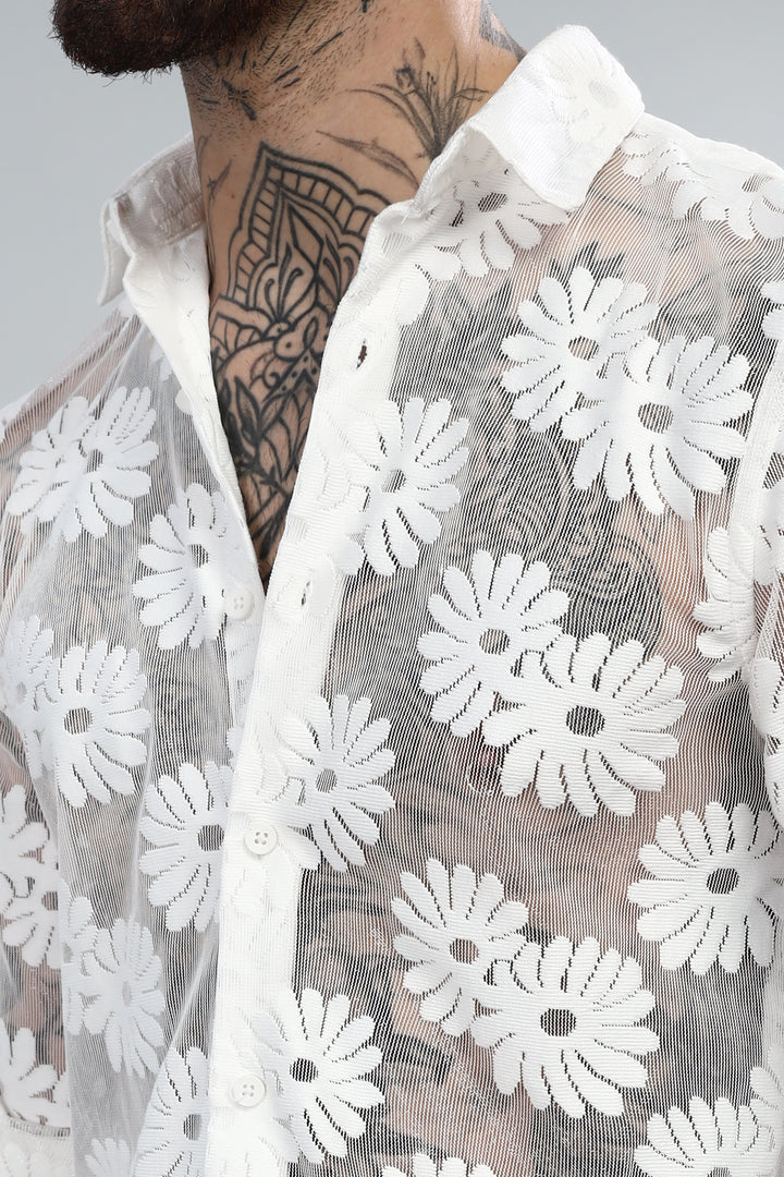White Floral Crochet Shirt