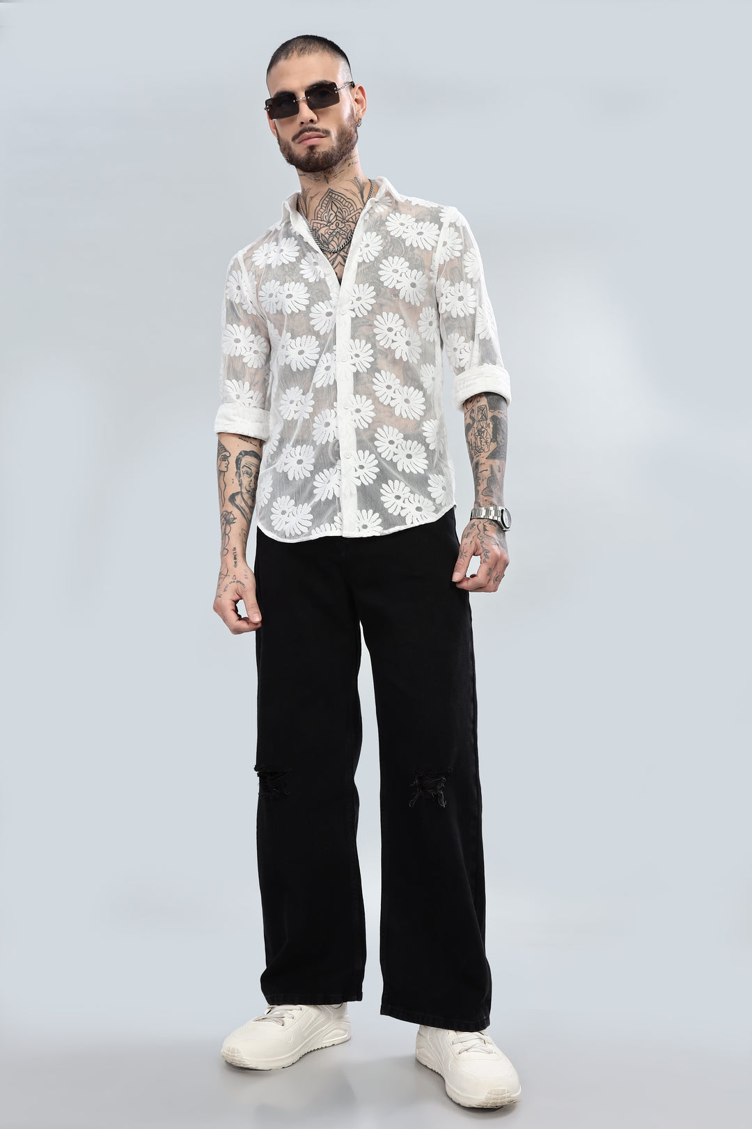 White Floral Crochet Shirt