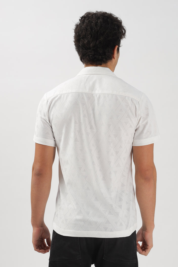 Geometric Textured White Cuban Collar Shirt