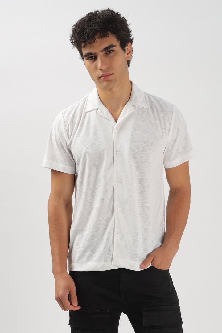 Geometric Textured White Cuban Collar Shirt