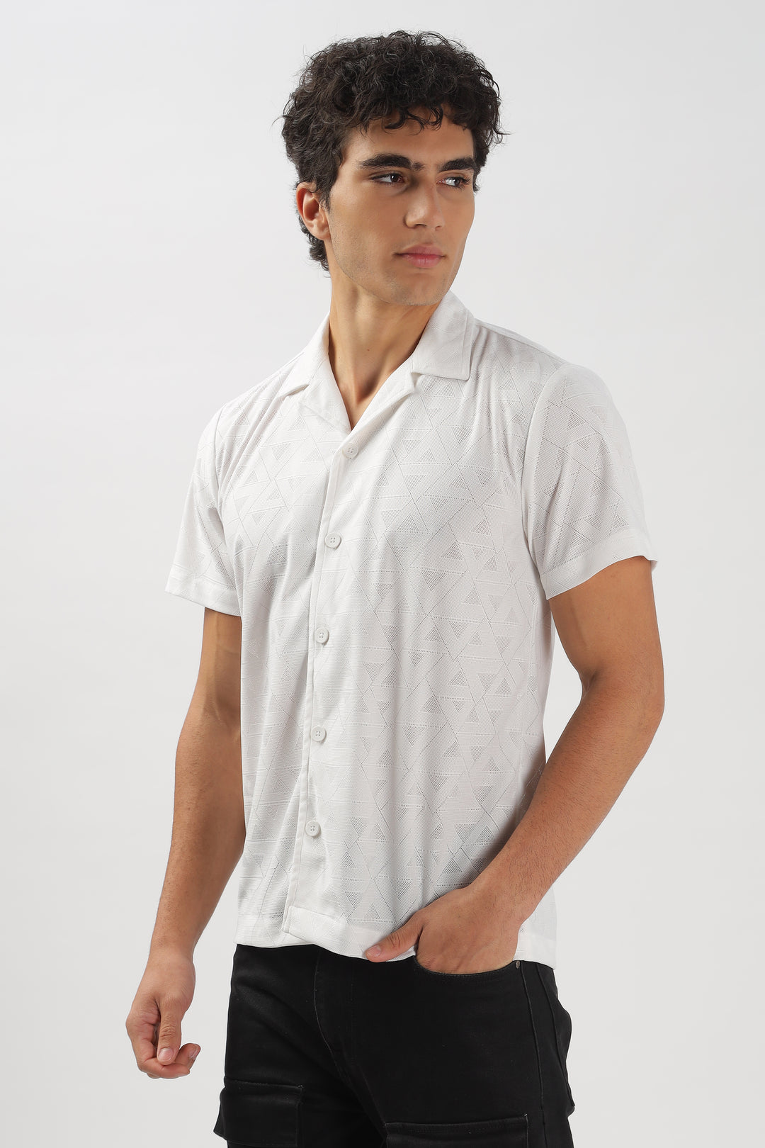 Geometric Textured White Cuban Collar Shirt