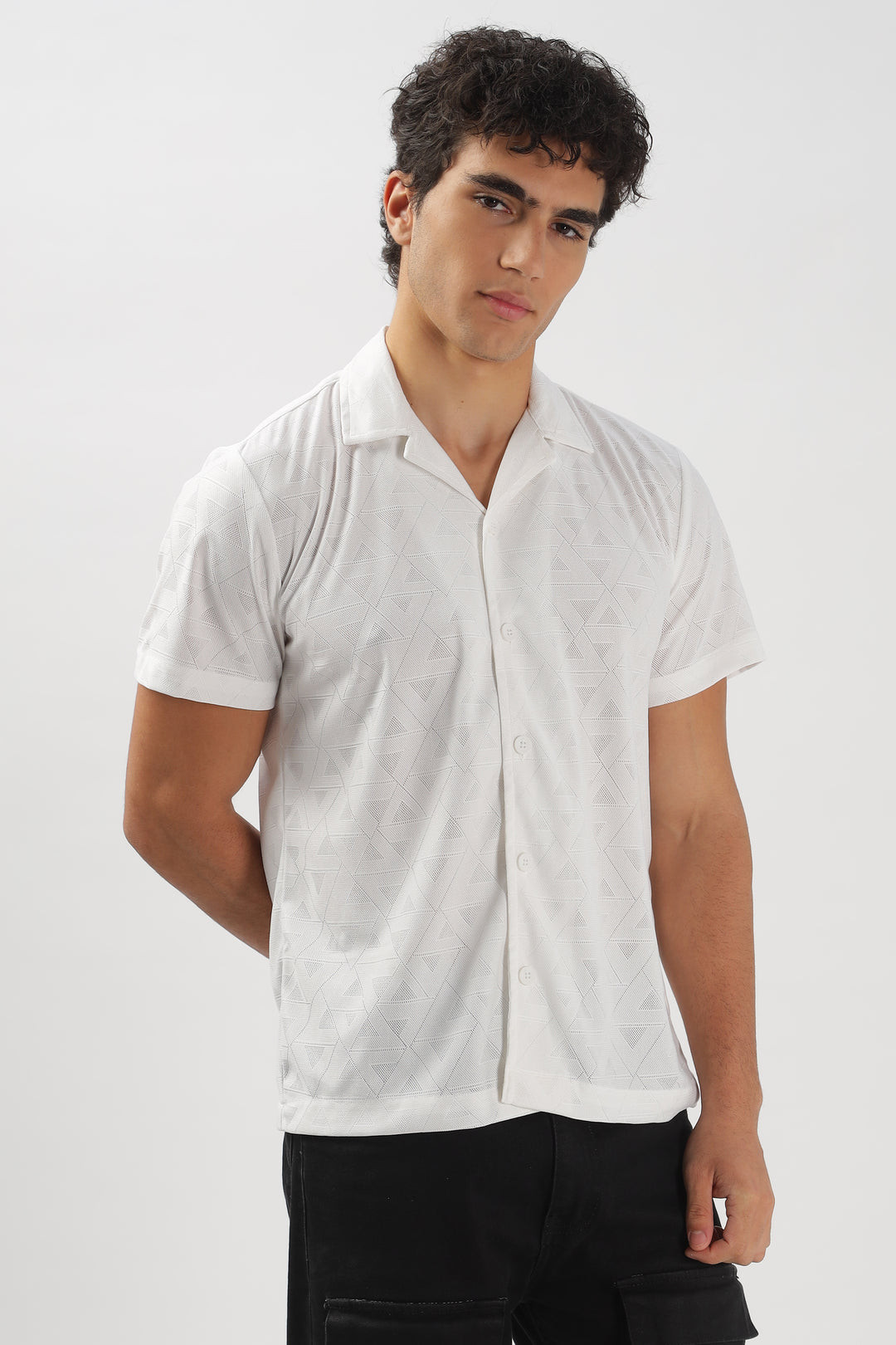 Geometric Textured White Cuban Collar Shirt
