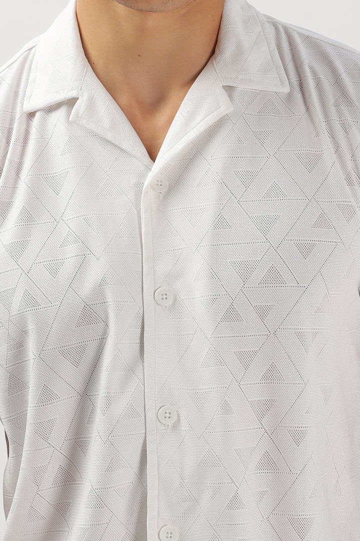 Geometric Textured White Cuban Collar Shirt