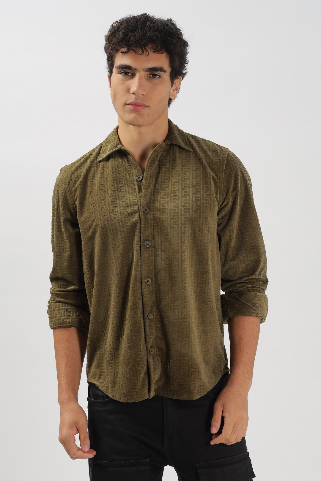Olive Textured Long Sleeve Shirt