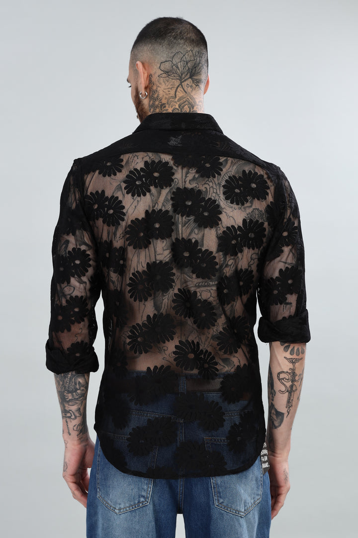 Black Floral Crochet Sheer Shirt