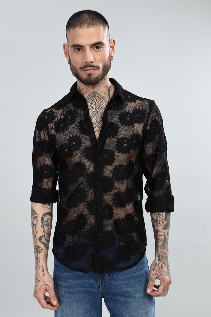 Black Floral Crochet Sheer Shirt