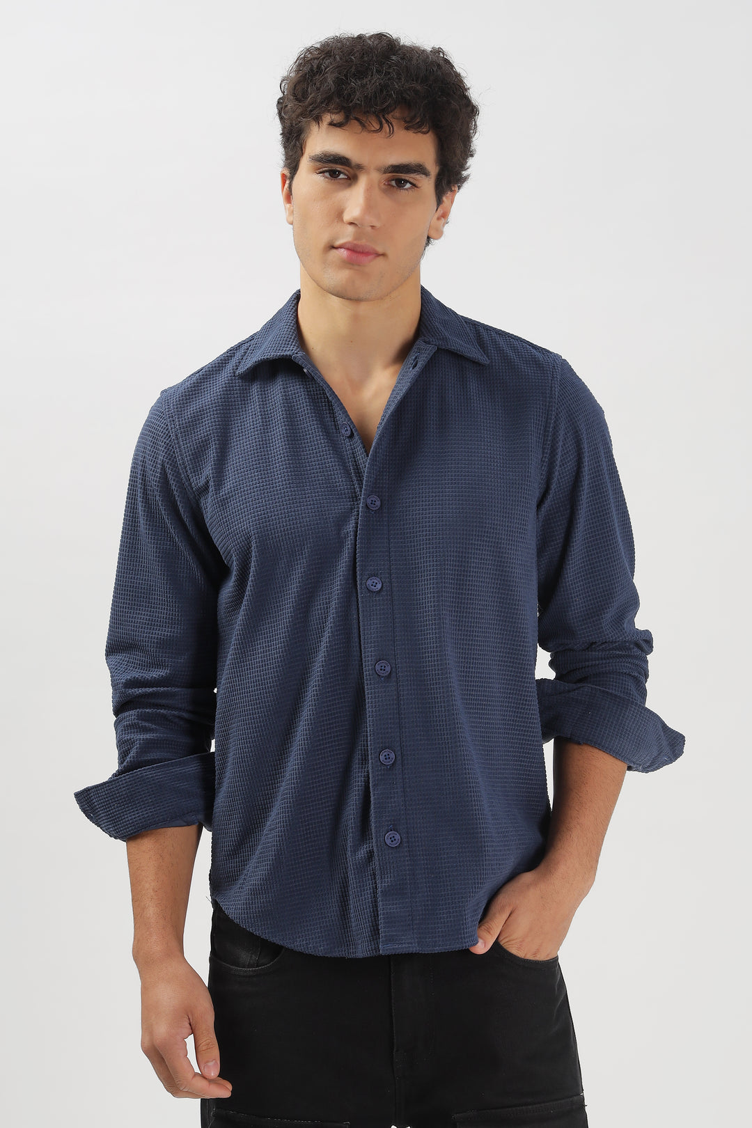 Navy Textured Long Sleeve Shirt