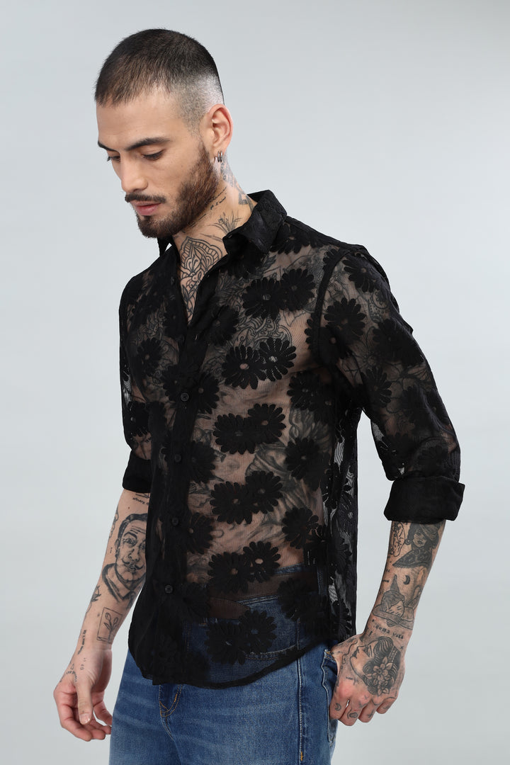 Black Floral Crochet Sheer Shirt