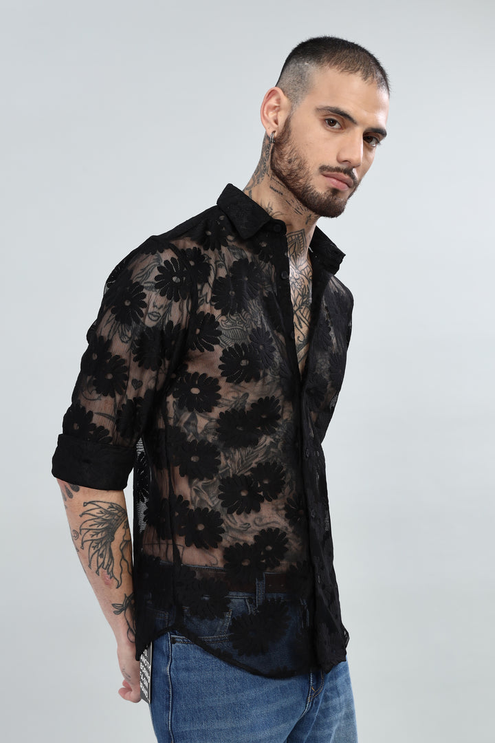 Black Floral Crochet Sheer Shirt