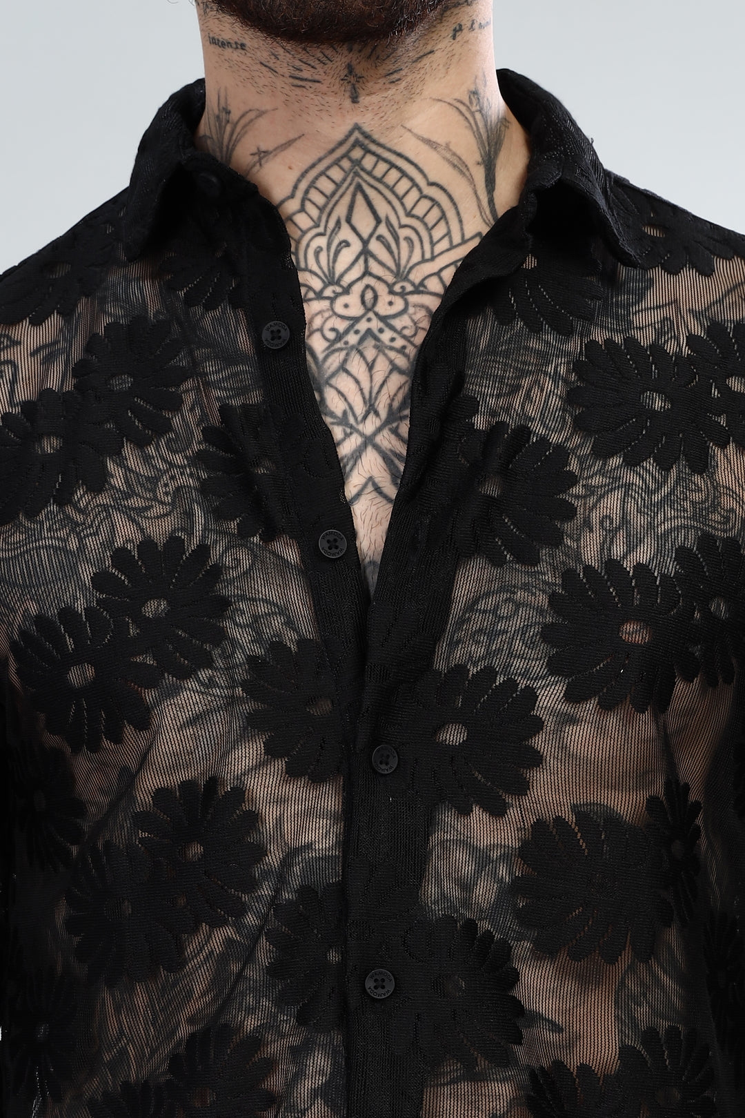 Black Floral Crochet Sheer Shirt