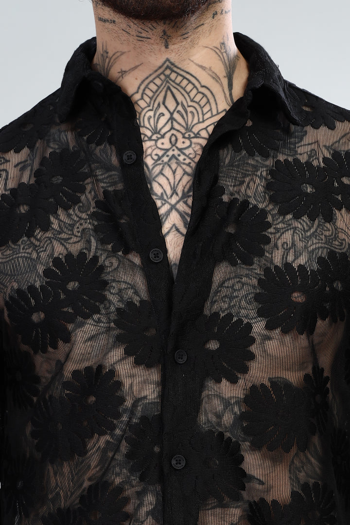 Black Floral Crochet Sheer Shirt