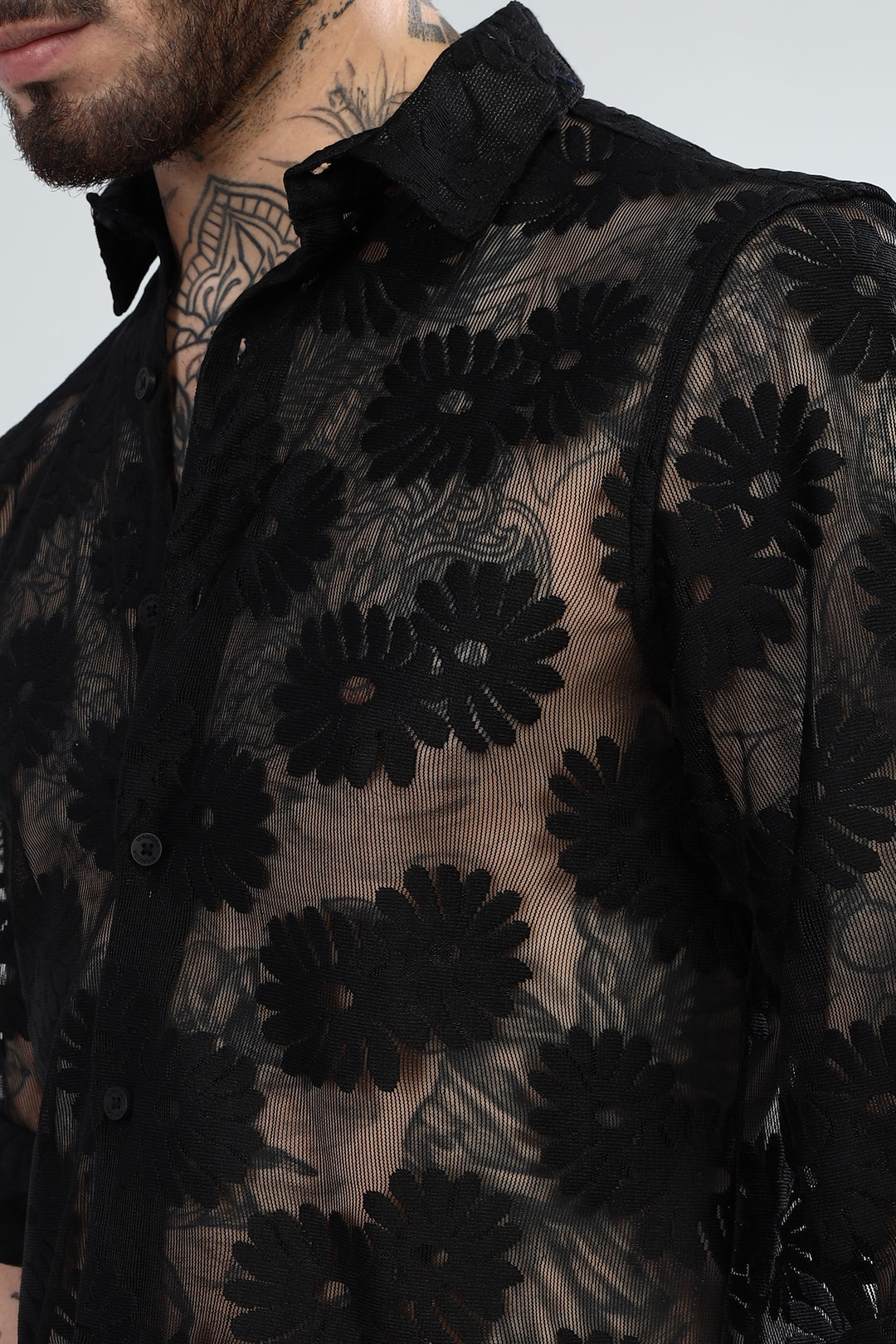 Black Floral Crochet Sheer Shirt