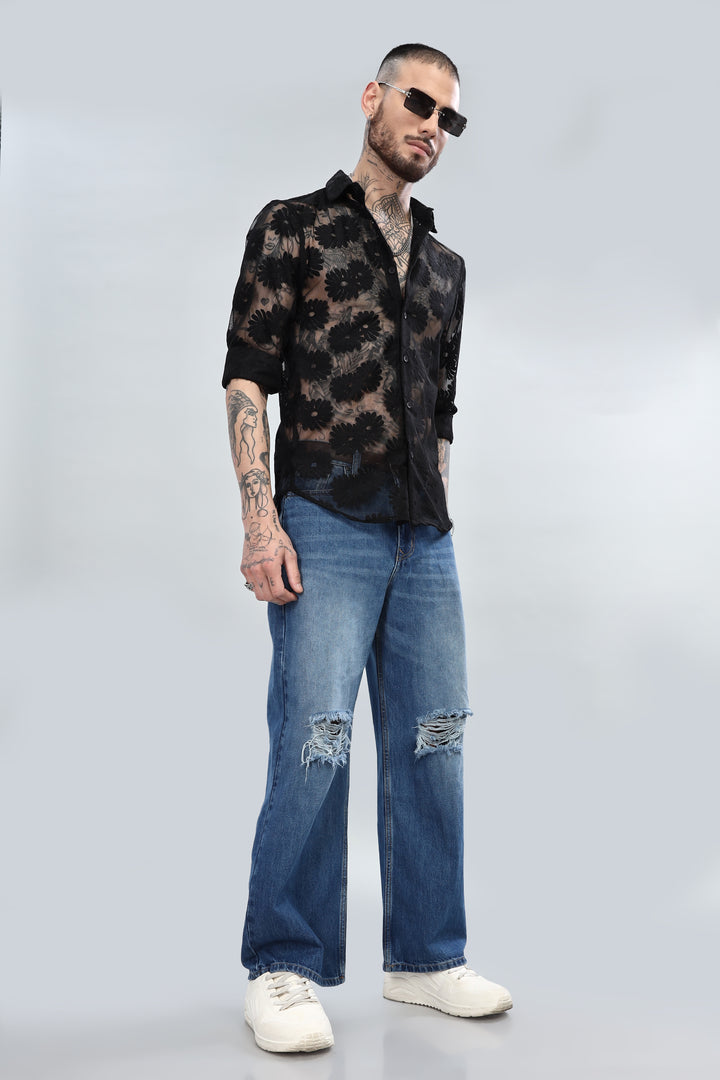 Black Floral Crochet Sheer Shirt