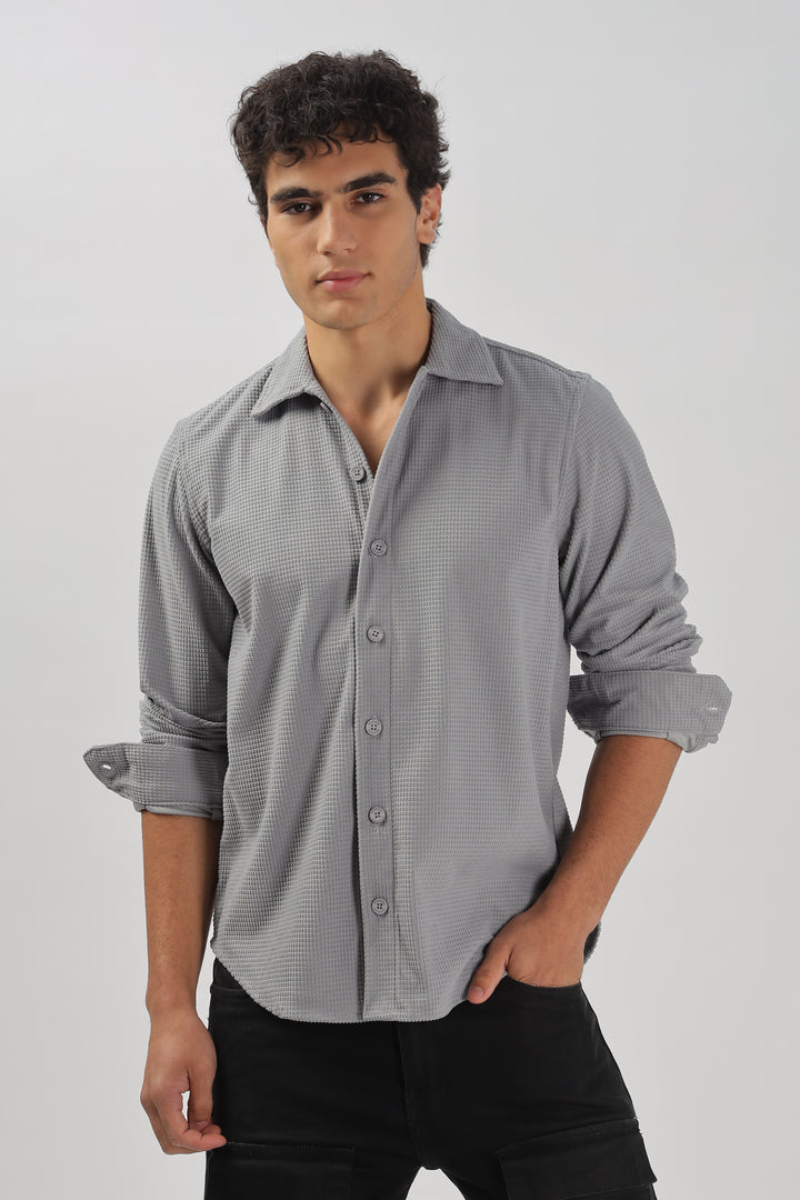 Grey Textured Waffle Long Sleeve Shirt