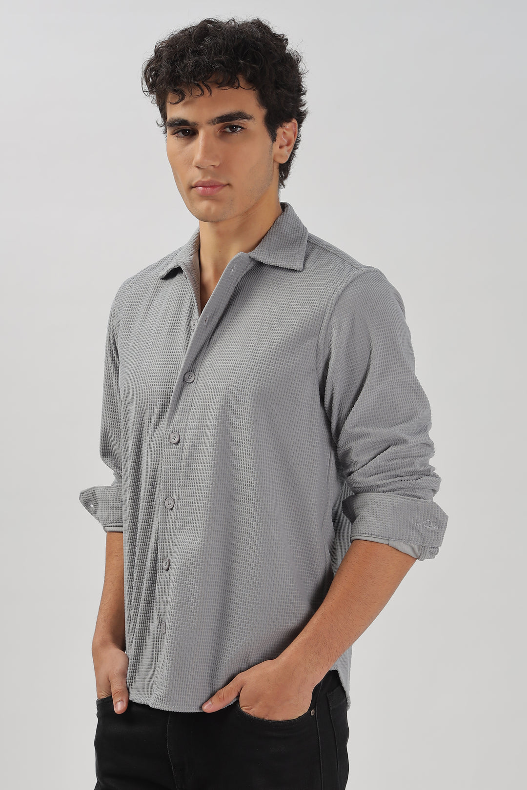 Grey Textured Waffle Long Sleeve Shirt