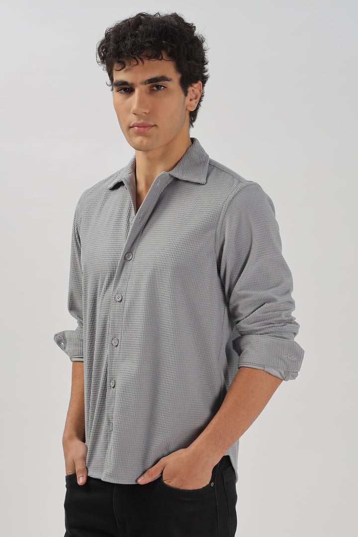 Grey Textured Waffle Long Sleeve Shirt