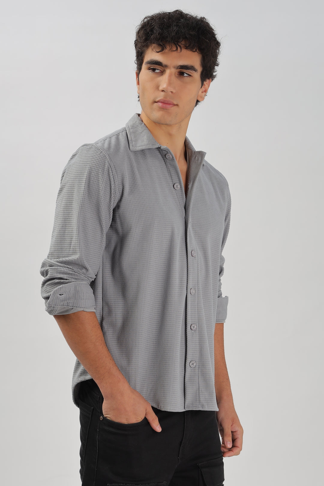 Grey Textured Waffle Long Sleeve Shirt
