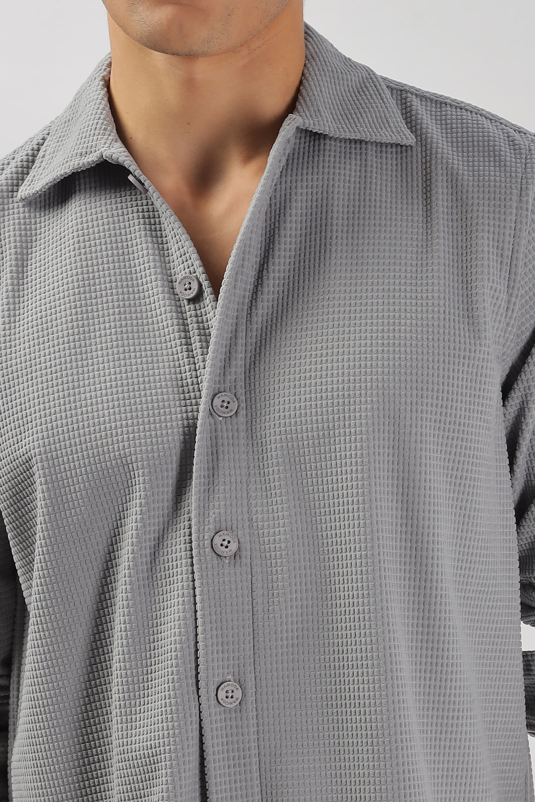 Grey Textured Waffle Long Sleeve Shirt