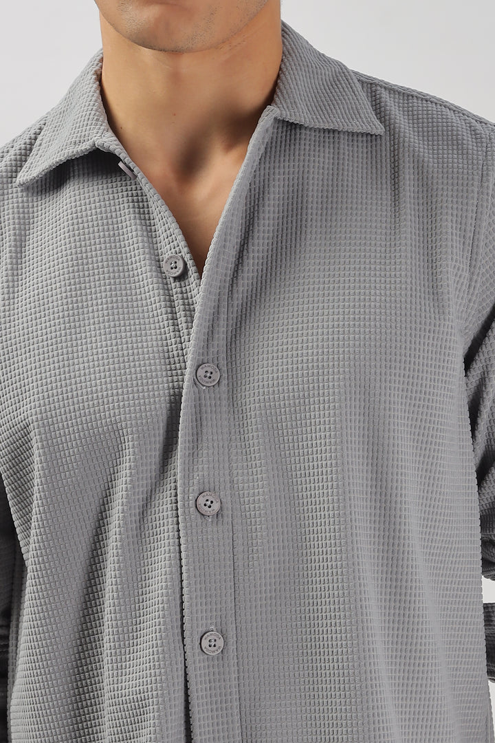 Grey Textured Waffle Long Sleeve Shirt