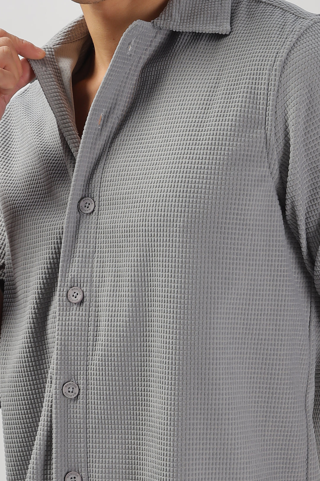 Grey Textured Waffle Long Sleeve Shirt