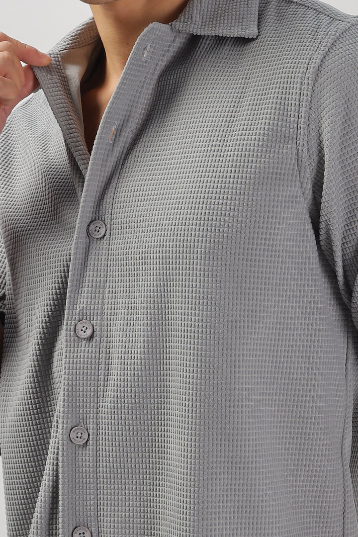 Grey Textured Waffle Long Sleeve Shirt