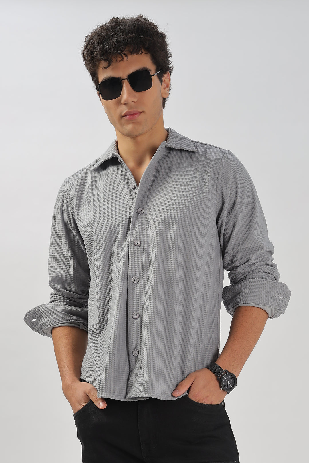 Grey Textured Waffle Long Sleeve Shirt
