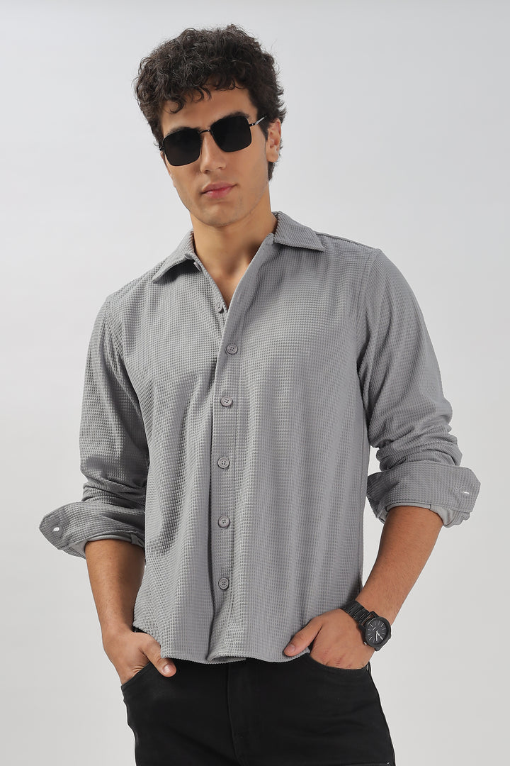 Grey Textured Waffle Long Sleeve Shirt