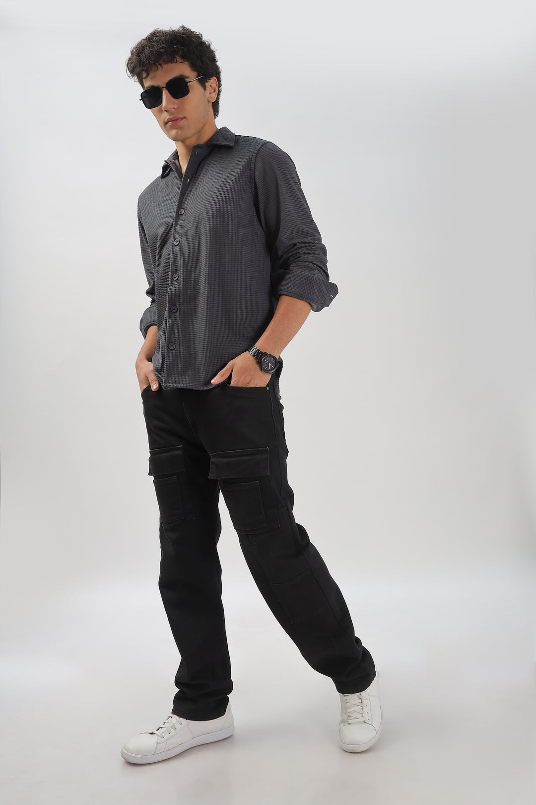 Charcoal Textured Waffle Long Sleeve Shirt