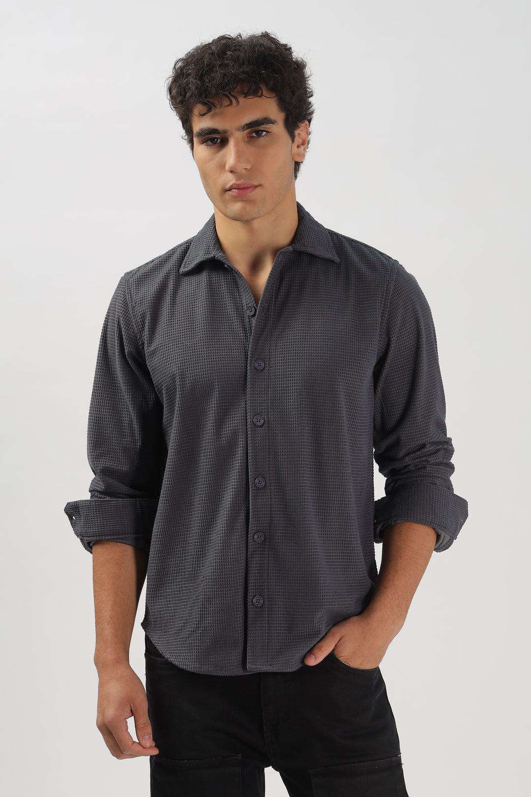 Charcoal Textured Waffle Long Sleeve Shirt