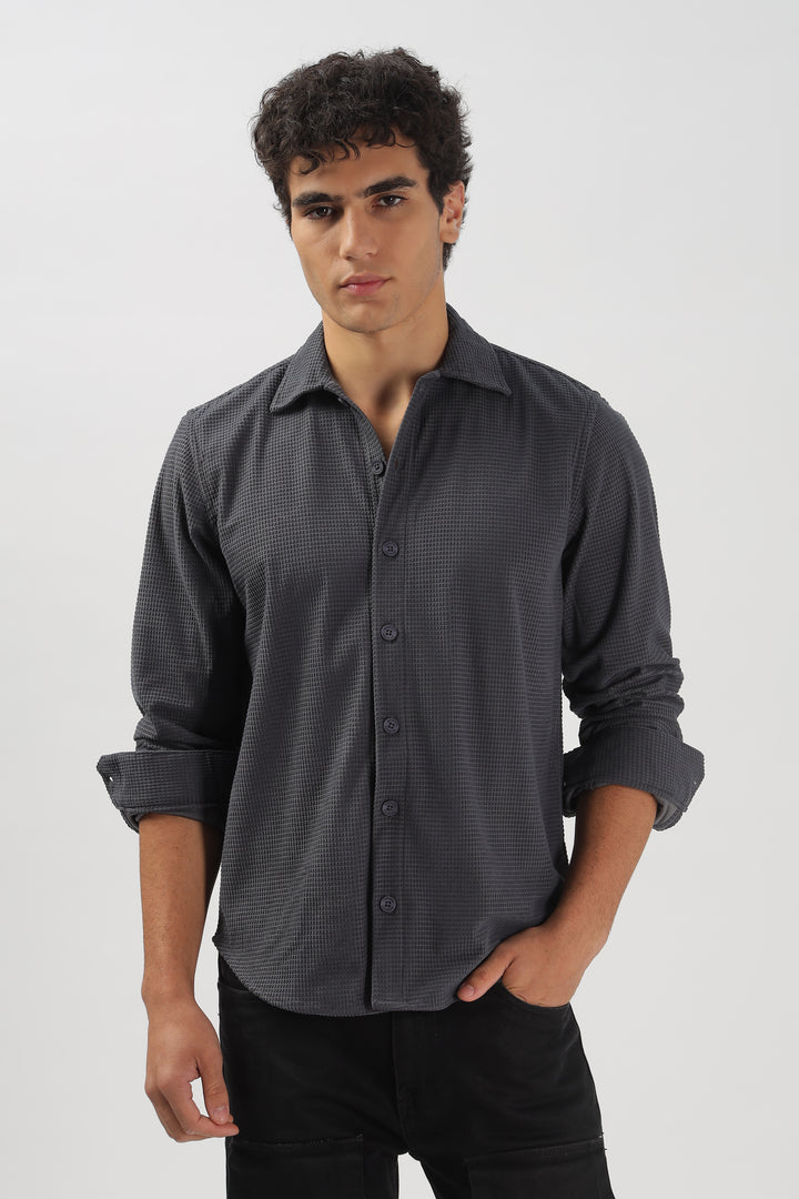 Charcoal Textured Waffle Long Sleeve Shirt