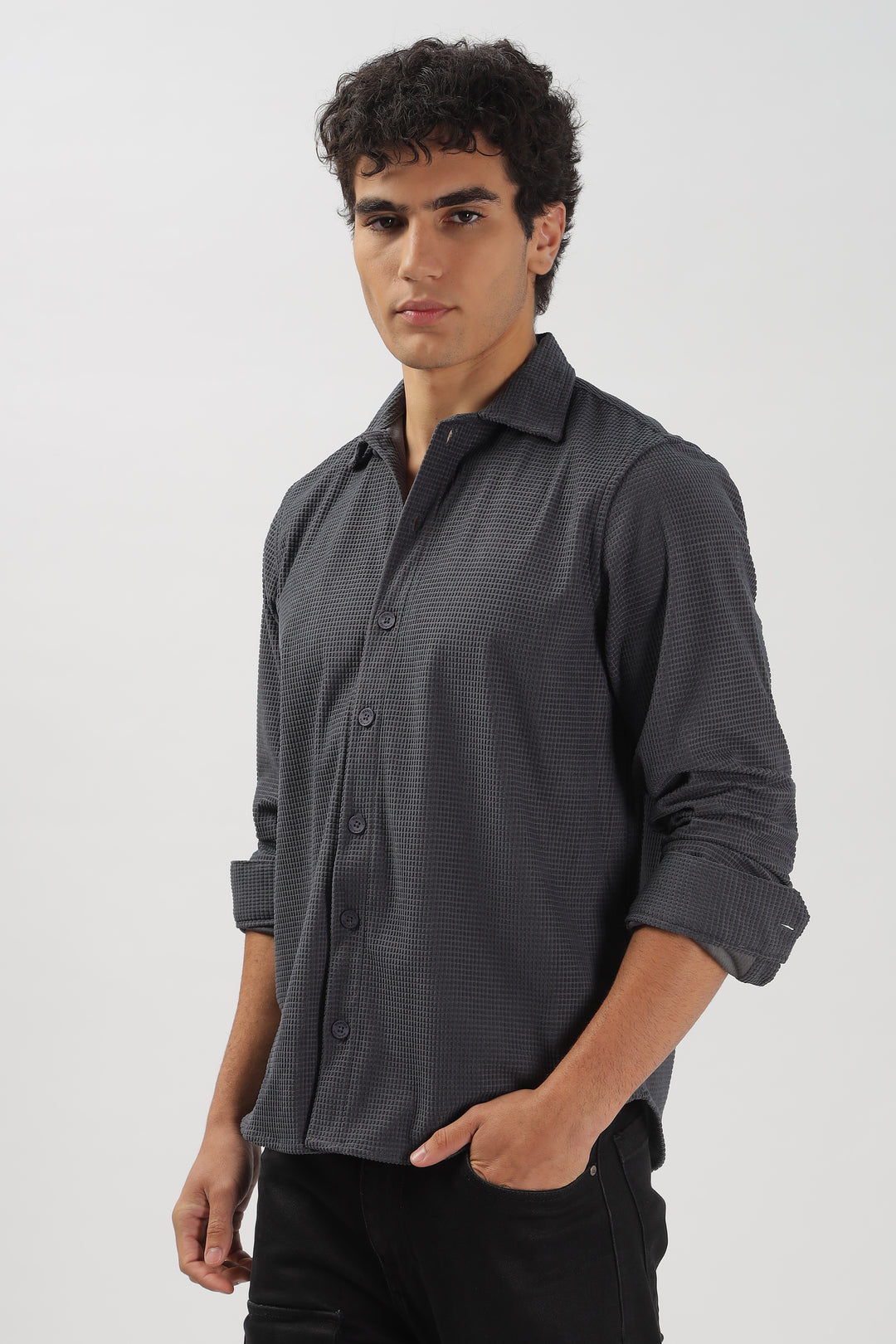 Charcoal Textured Waffle Long Sleeve Shirt