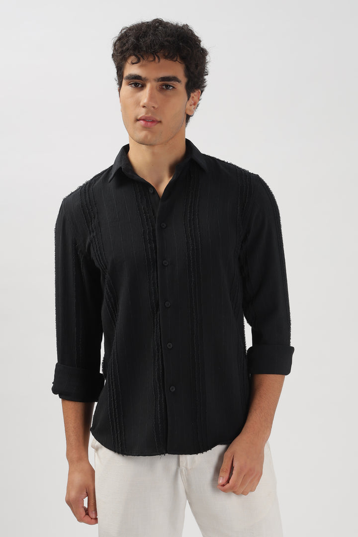 Black Textured Frayed Stripe Shirt