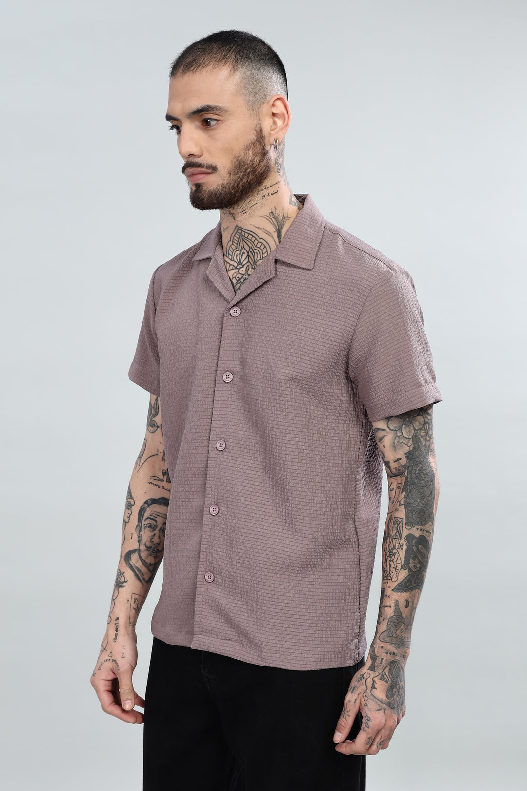 Mauve Textured Cuban Collar Shirt
