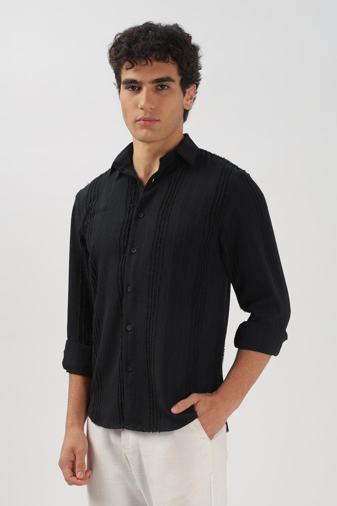 Black Textured Frayed Stripe Shirt