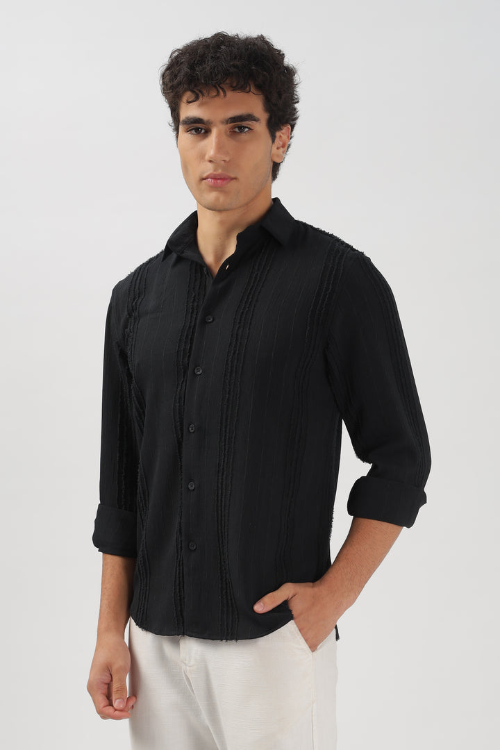 Black Textured Frayed Stripe Shirt