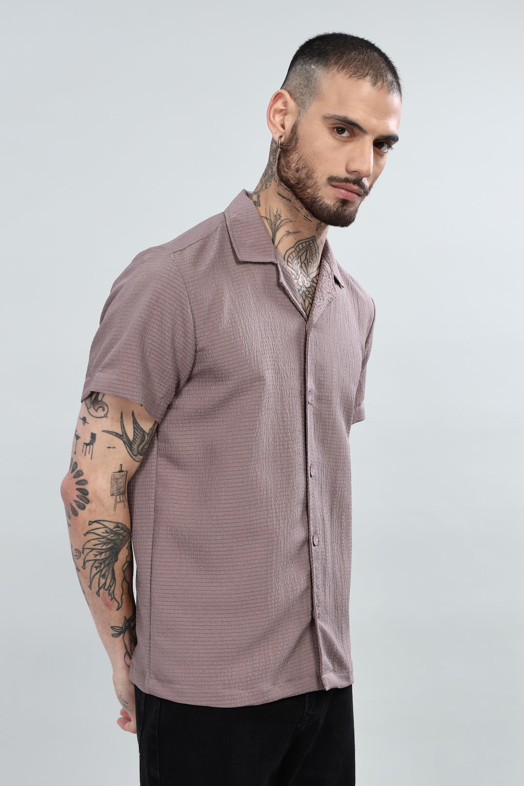 Mauve Textured Cuban Collar Shirt