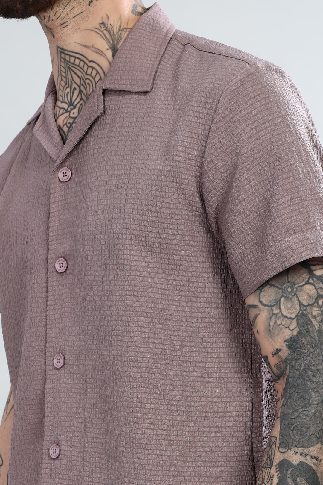 Mauve Textured Cuban Collar Shirt