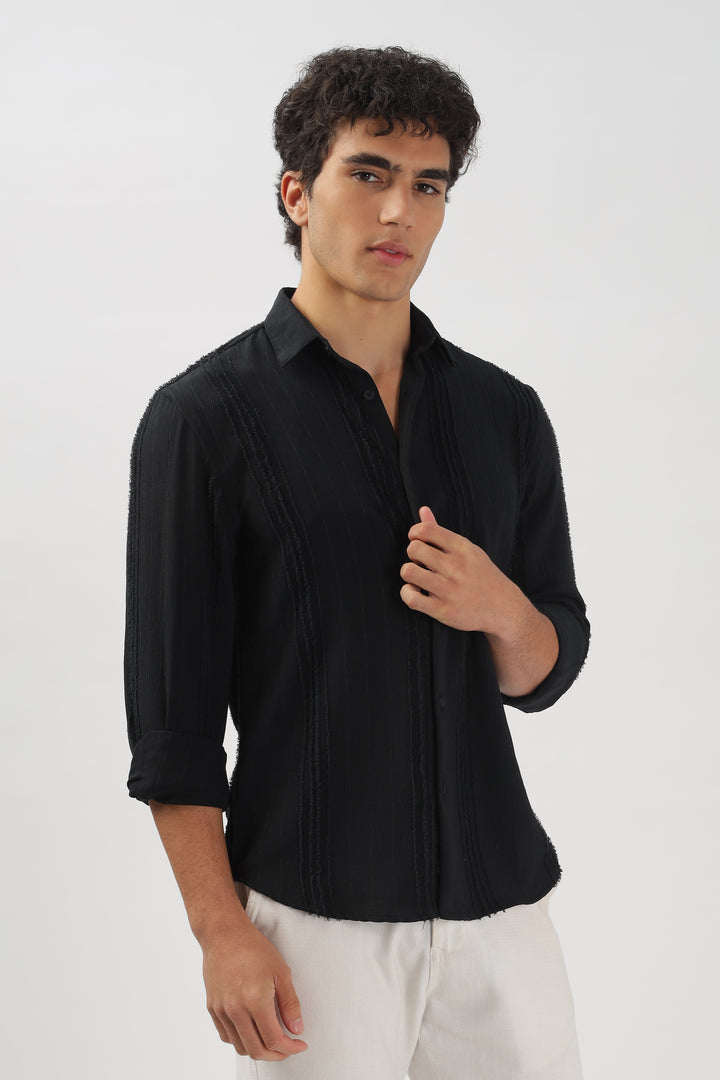 Black Textured Frayed Stripe Shirt